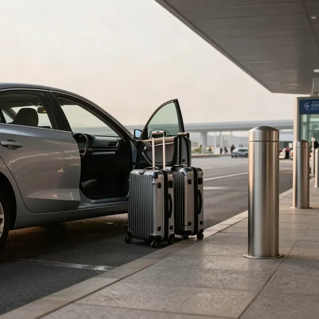 Silver airport car with luggage at a quiet departure curb in dawn haze.