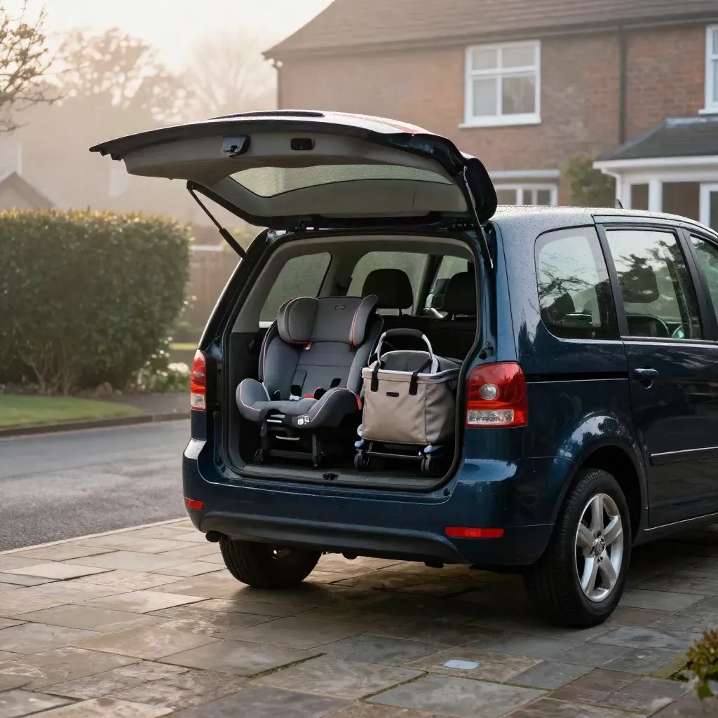 Open navy seven-seat car with child seats, buggy and bag in a misty driveway at dawn