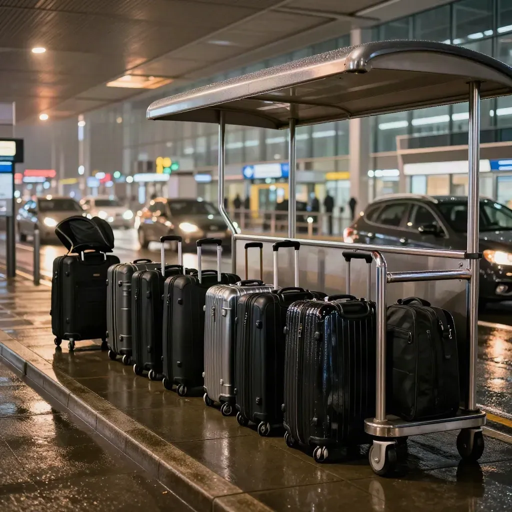 Two black saloons with eighteen suitcases at rain-soaked Heathrow arrivals
