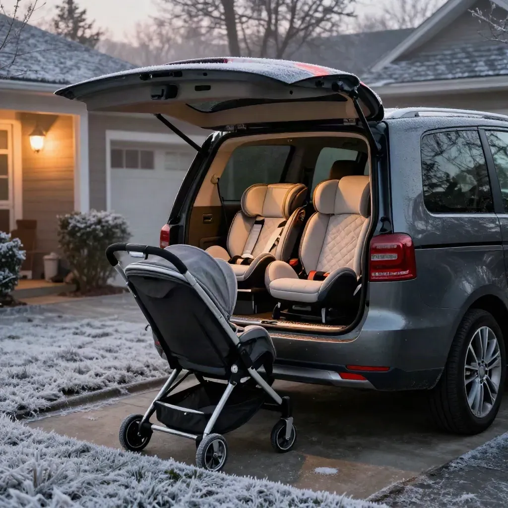 Graphite MPV on a frosty driveway at dawn, boot open with child seats and folded buggy