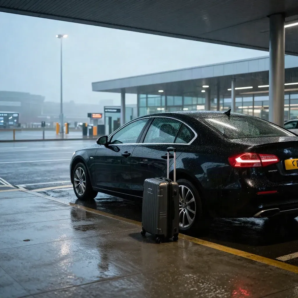 Black saloon with suitcase in rainy Manchester airport arrivals forecourt