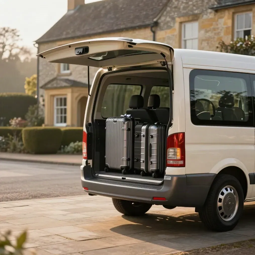 Cream minibus with four suitcases outside a country hotel at morning pickup