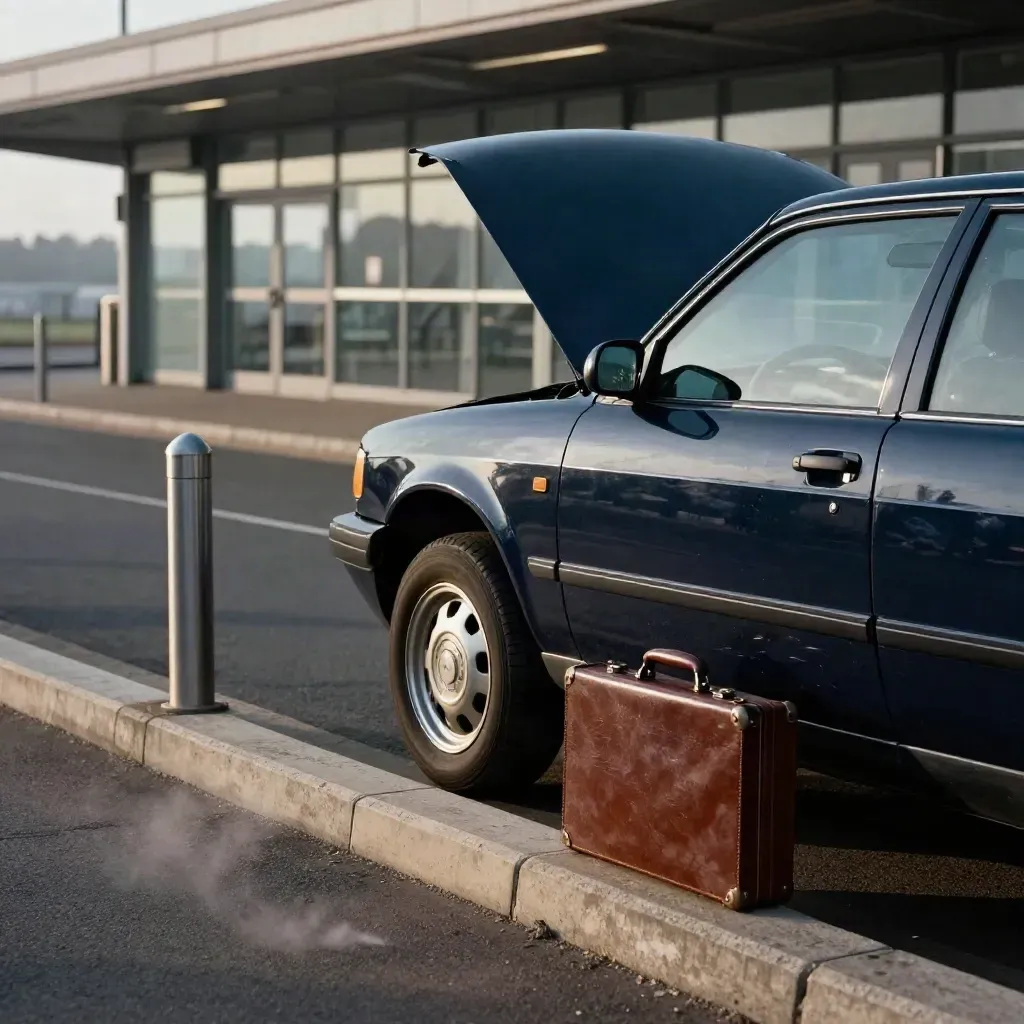 Black saloon at Birmingham terminal drop-off with carry-on and briefcase in dawn haze.