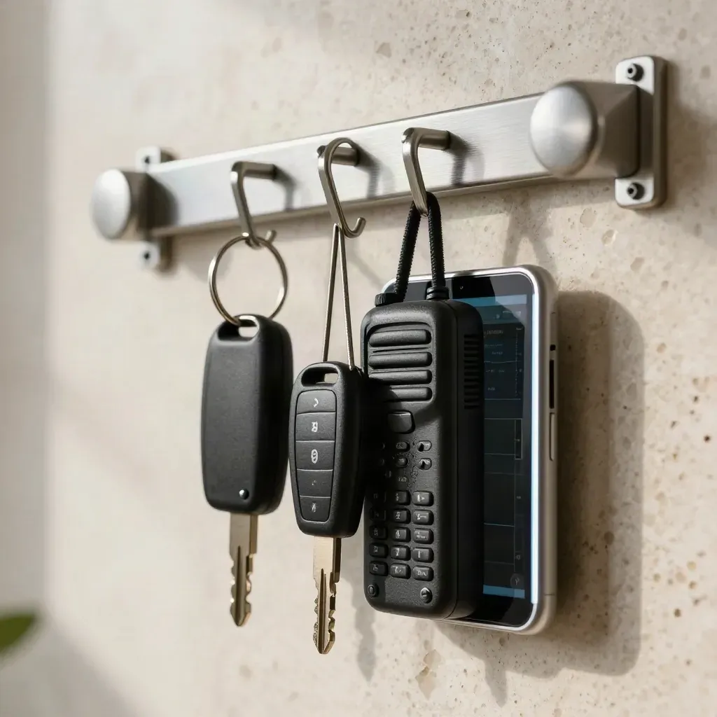 Matte-black car keys on a brushed metal rail beside a tablet edge and radio mic