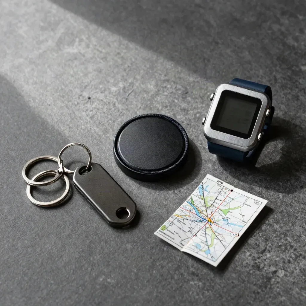Top-down airport dispatch still life with token, wrist device, key fobs and route tile on stone.