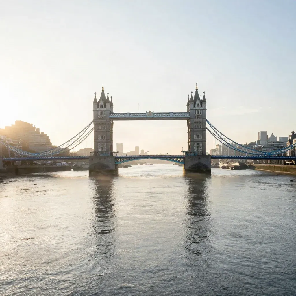 Tower Bridge and the City faint in golden haze above the calm Thames at sunrise
