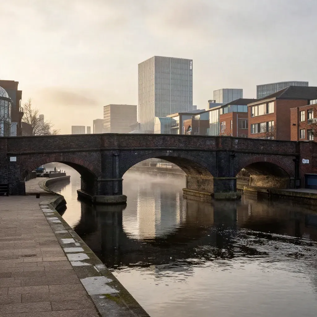 Birmingham canal bridges and skyline in soft morning haze, calm water below