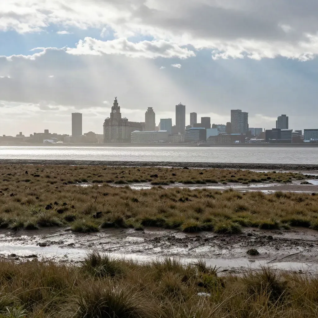 Mersey estuary with faint Liverpool skyline over salt marsh under bright rain-lit clouds